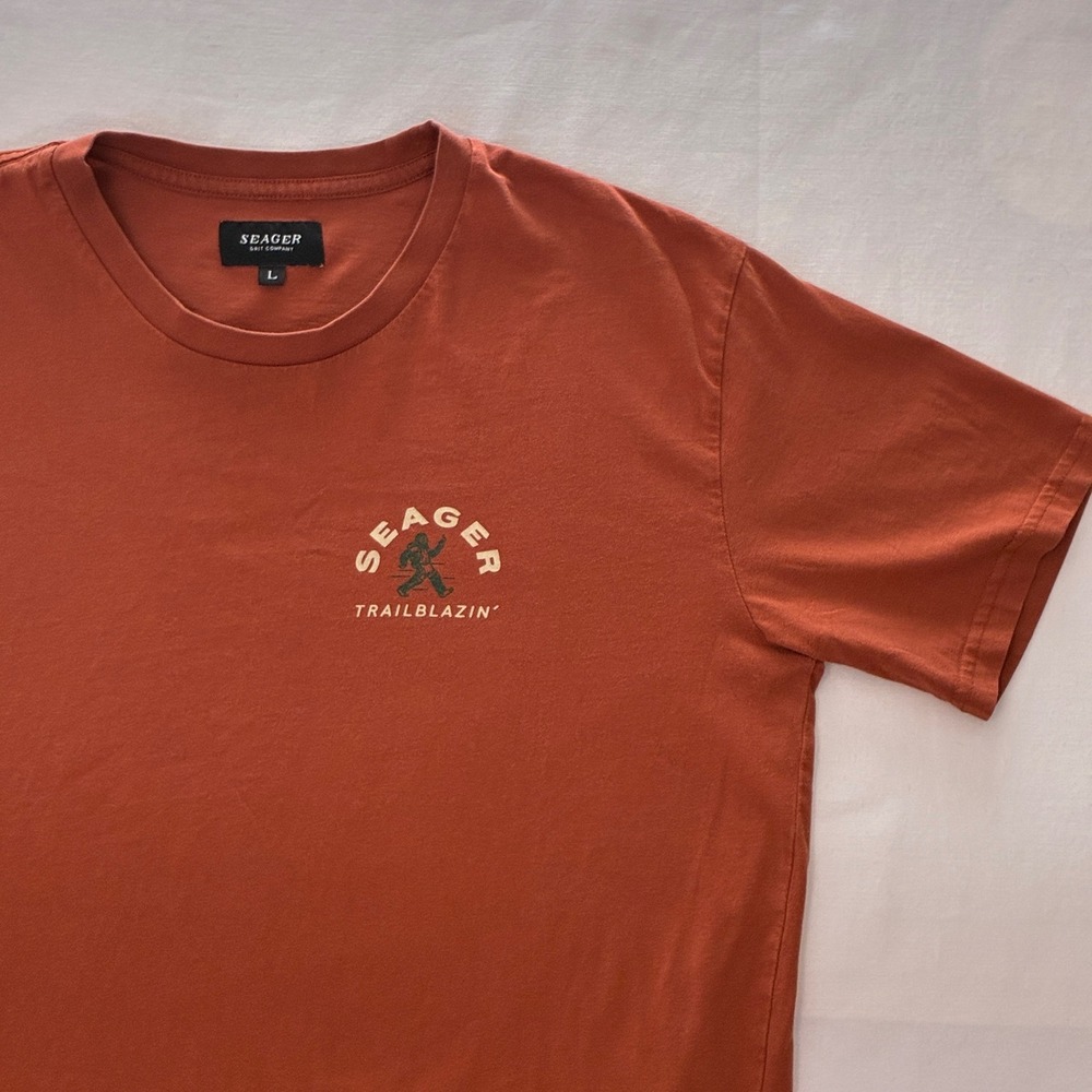 Seager Co. Trailblazin' Tee Shirt Mens Large Copper Rust Orange Bigfoot Graphic